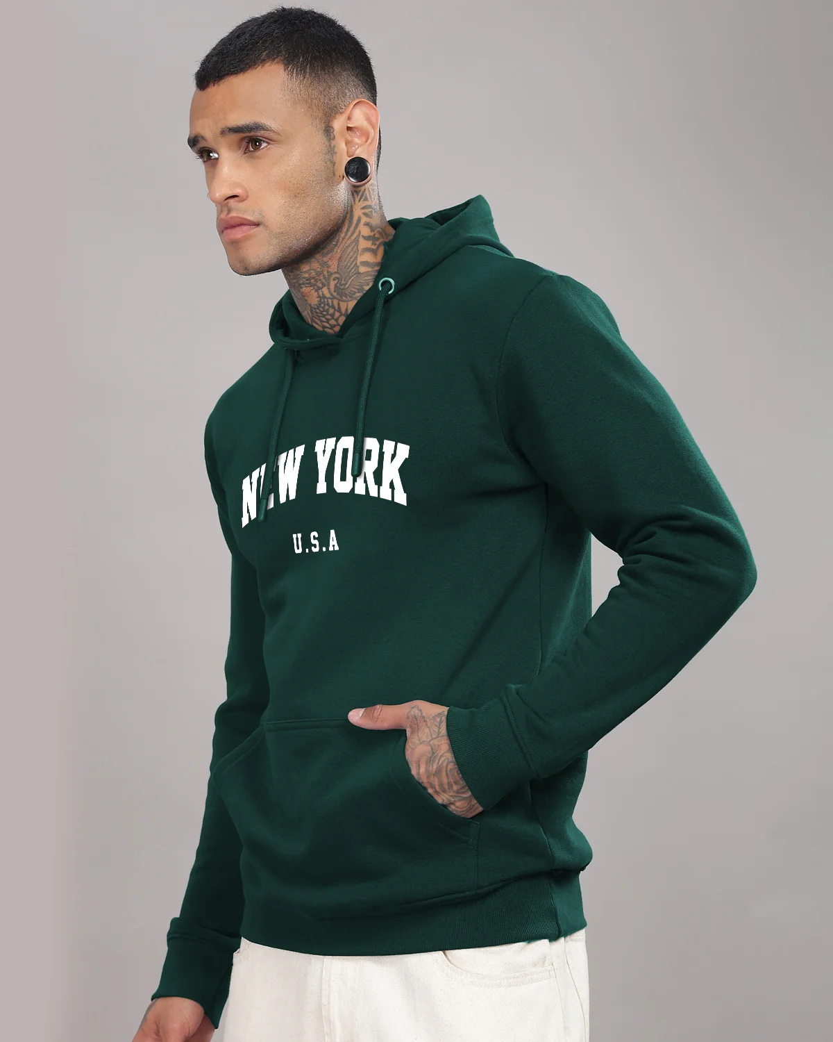 Men Green Printed Cotton Hoodie - Image 3