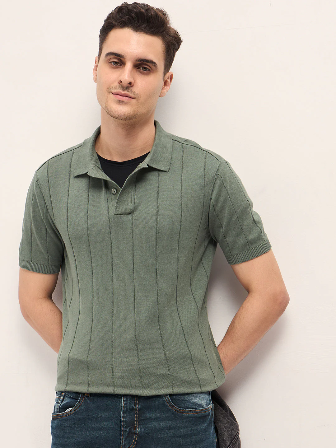Men Green Self-Striped Design Slim Fit Polo
