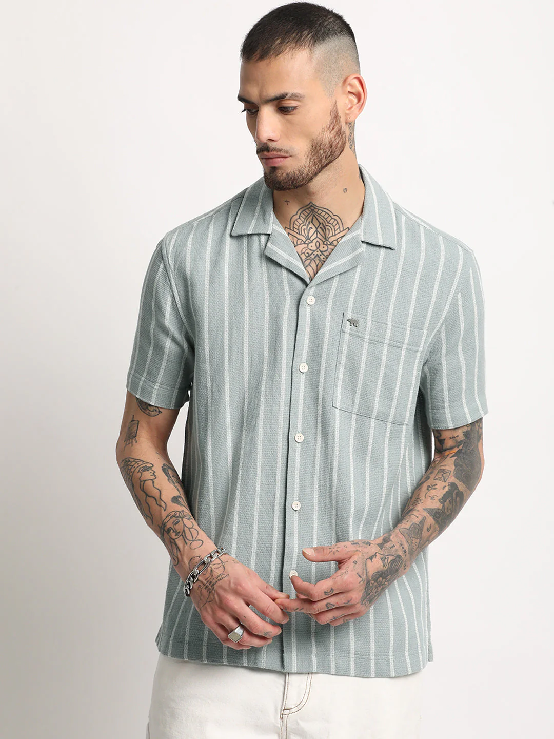 Men Green Stripe Regular Fit Casual Shirt