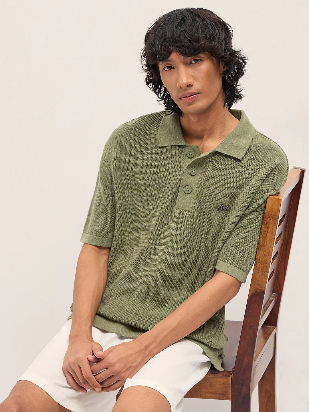 Men Green Textured Knit Relaxed Fit Polo