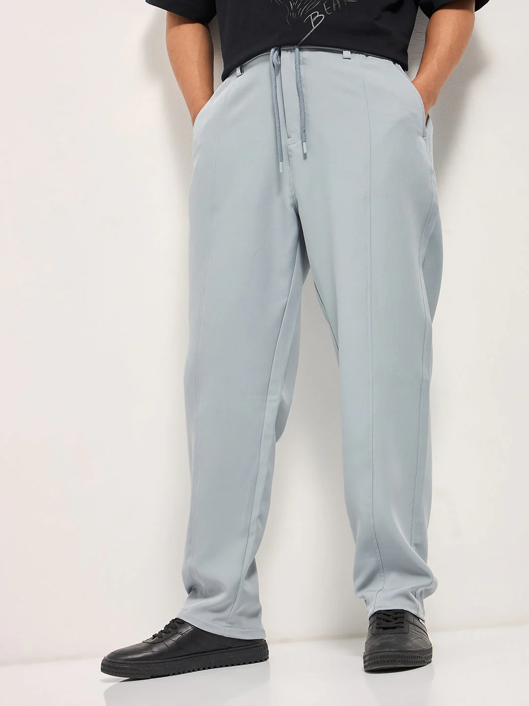 Men Grey Baggy Fit Polyester Blend Trousers