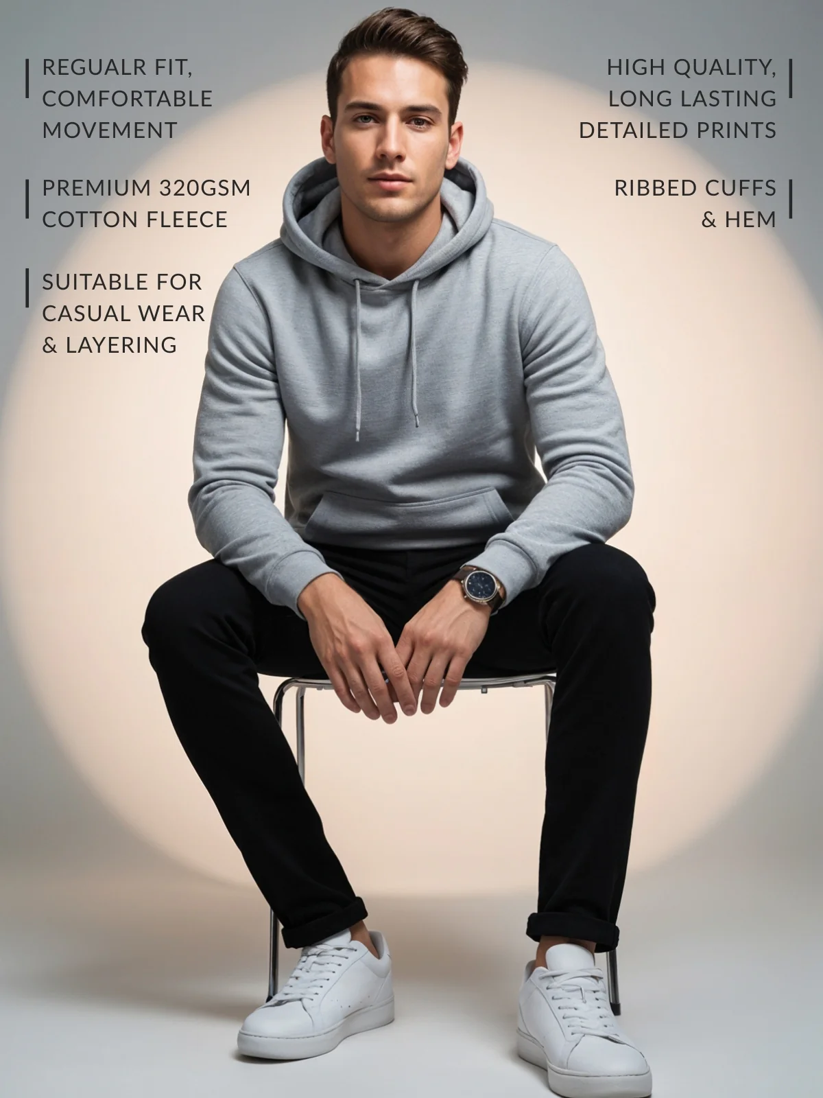 Men Grey Cotton Fleece Hoodie - Image 3