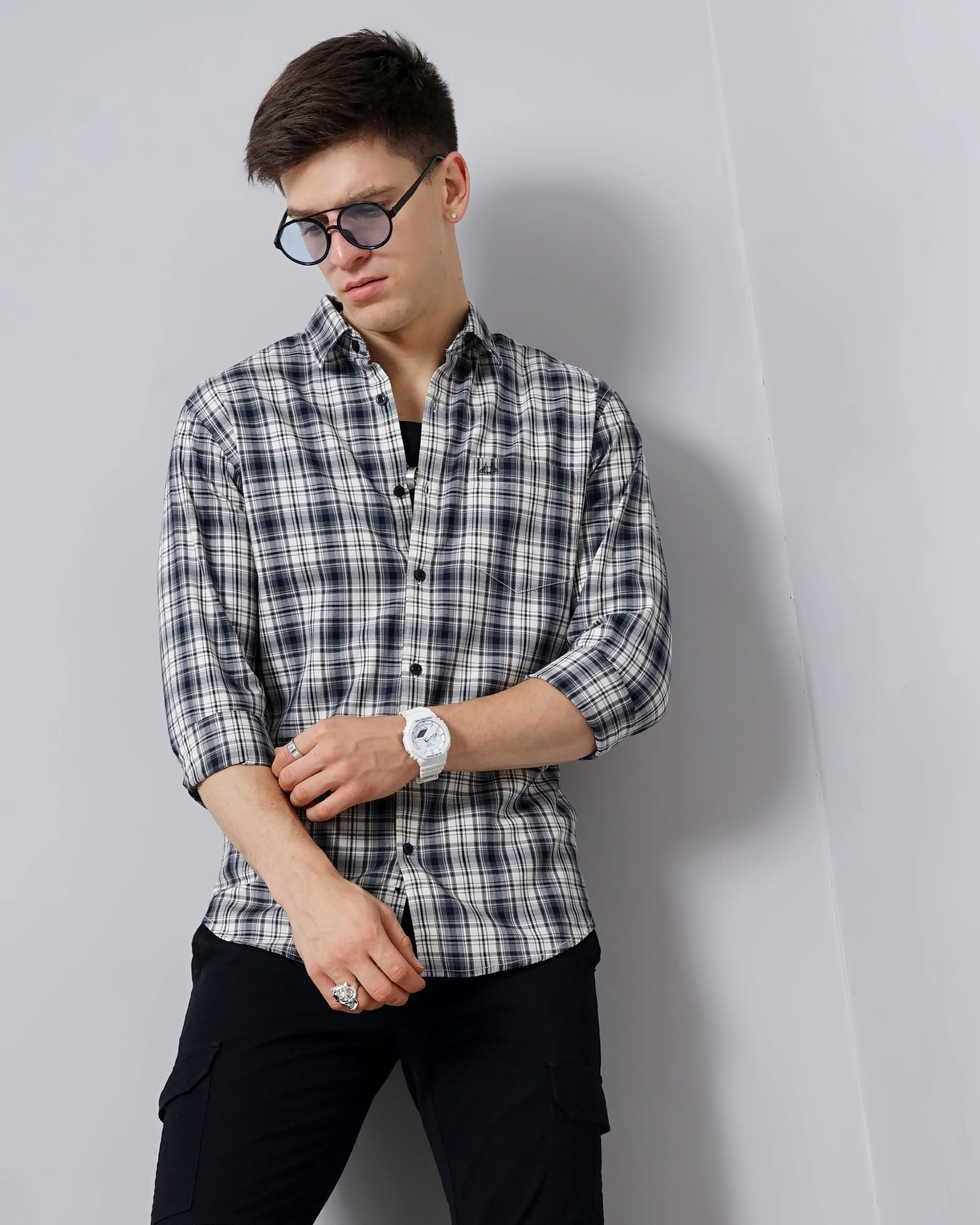 Men Grey Cotton Slim Shirt