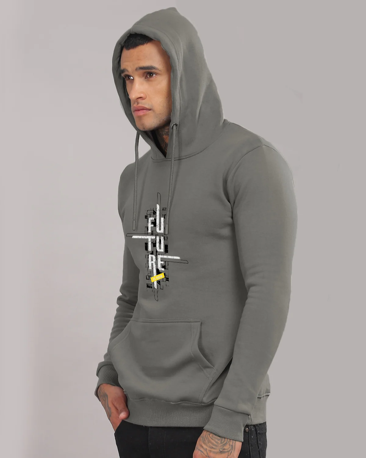 Men Grey Printed Cotton Hoodie - Image 5