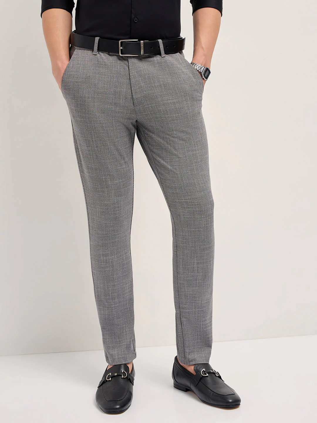 Men Grey Woven Design Slim Fit Formal Trousers