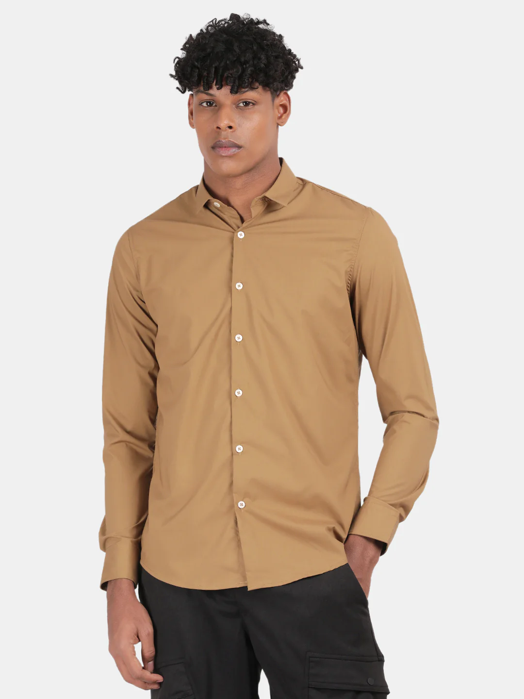 Men khaki Slim Fit Spread Collar Full Sleeve Casual Shirt