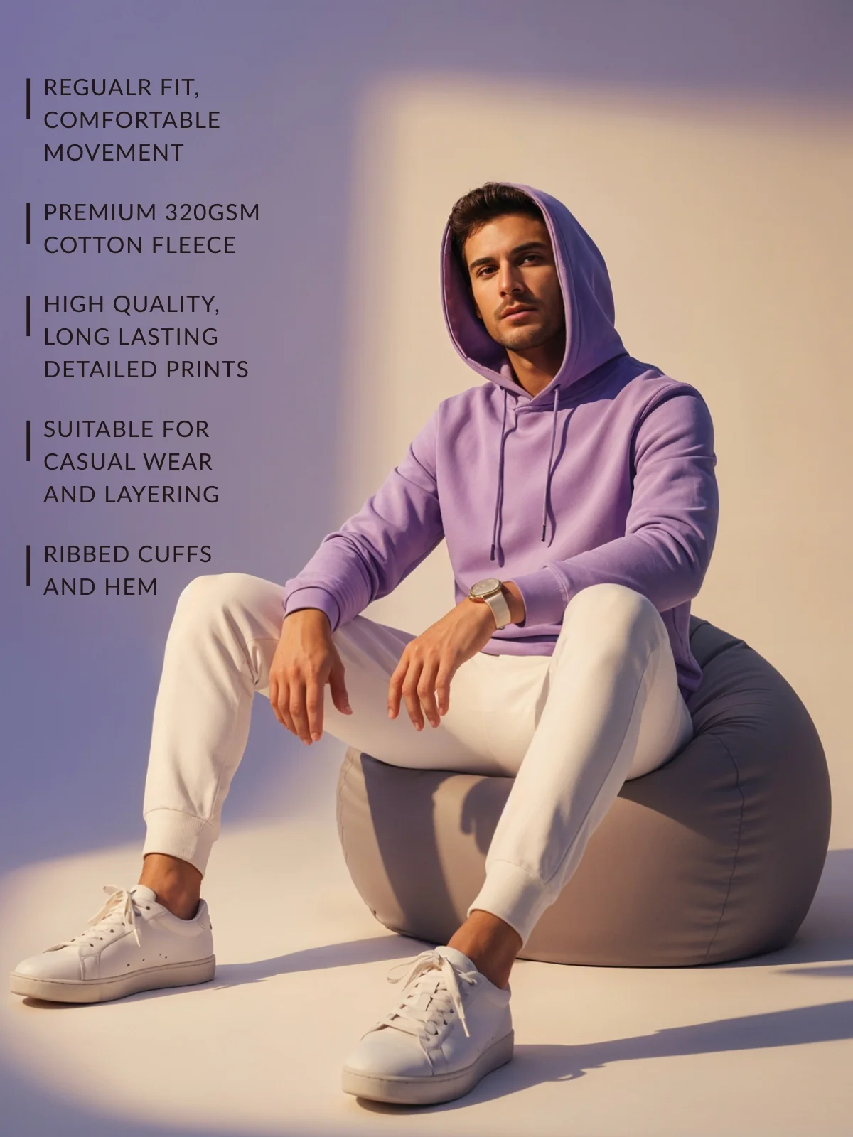 Men Lavender Cotton Fleece Hoodie - Image 3