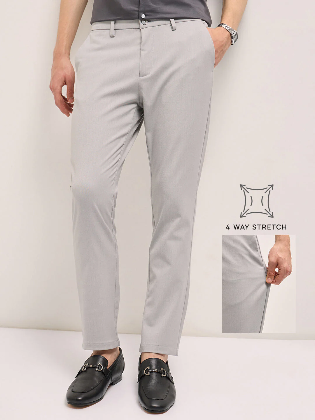Men Light Grey Solid 4 Way Stretch Formal Trouser