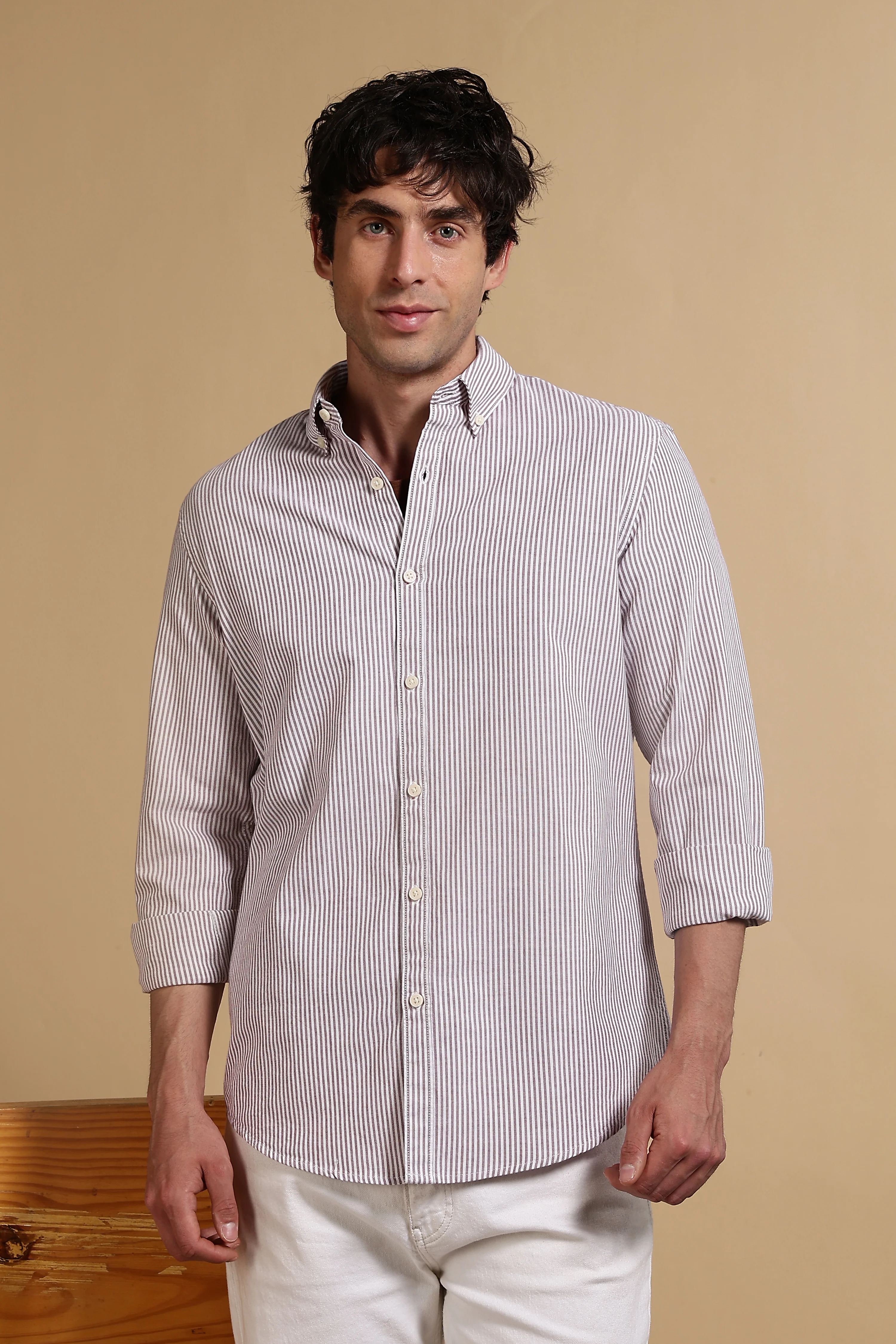 Men Maroon Cotton Oxford Slim Fit Striped Shirt