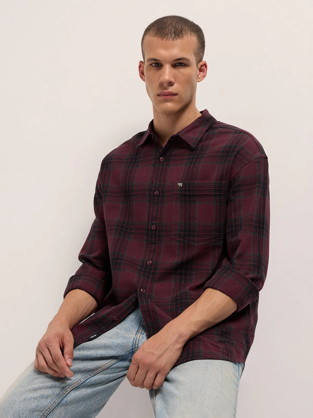 Men Maroon Tartan Checked Relaxed Fit Overshirt