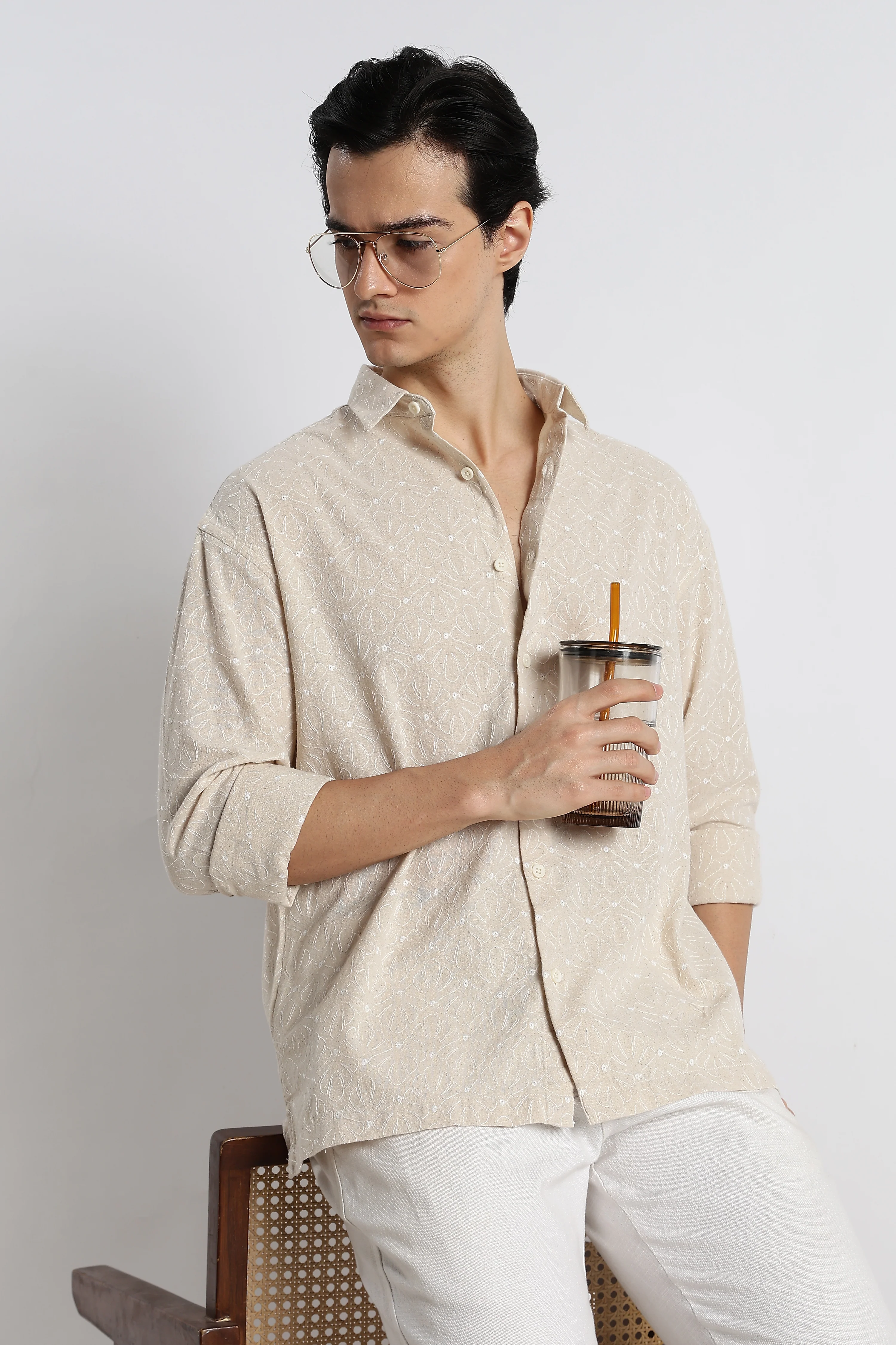 Men Natural Embroidered Cotton Shirt