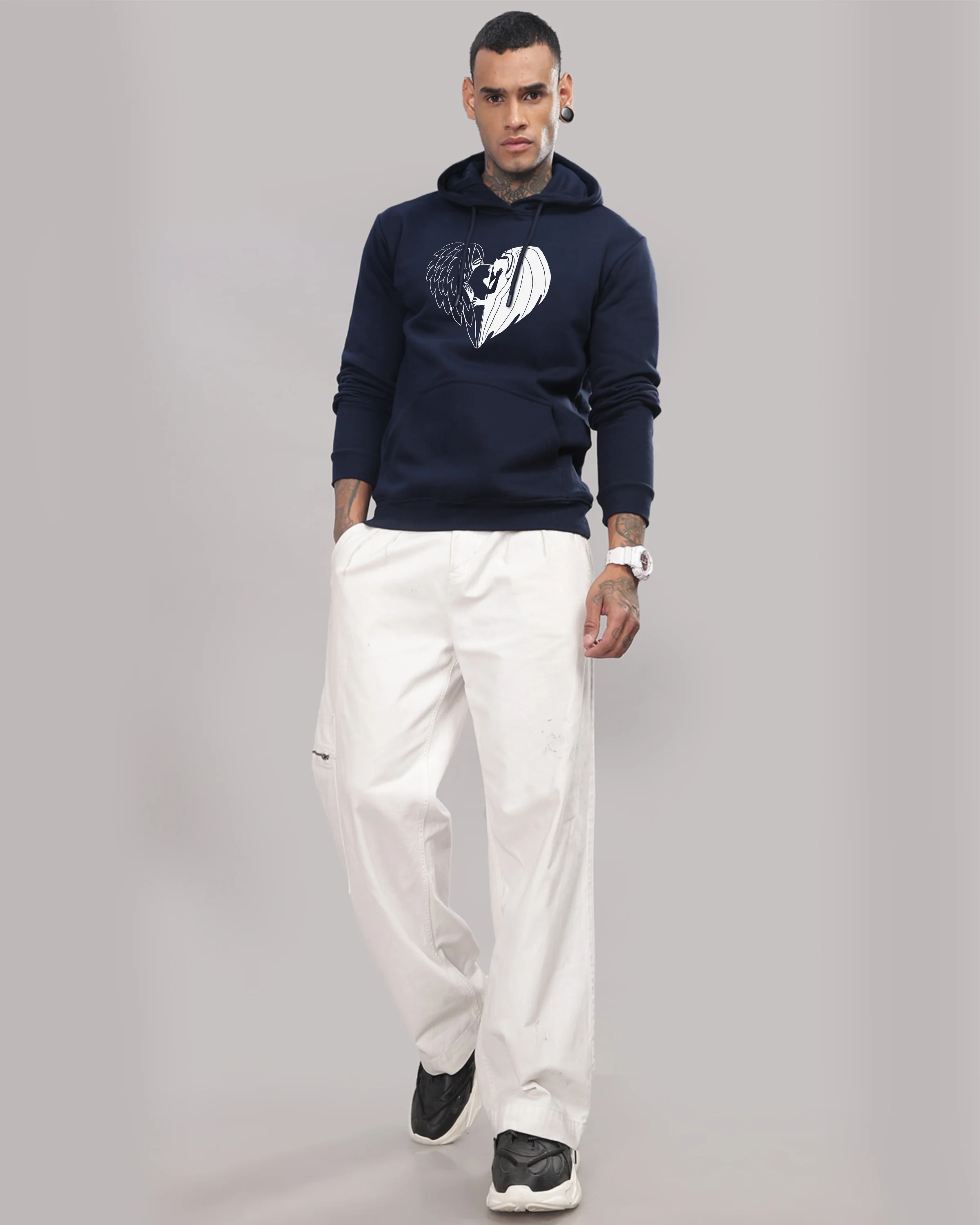 Men Navy Blue Printed Hoodie