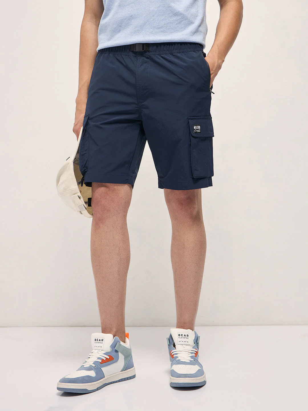 Men Navy Blue Solid Nylon Cargo Shorts