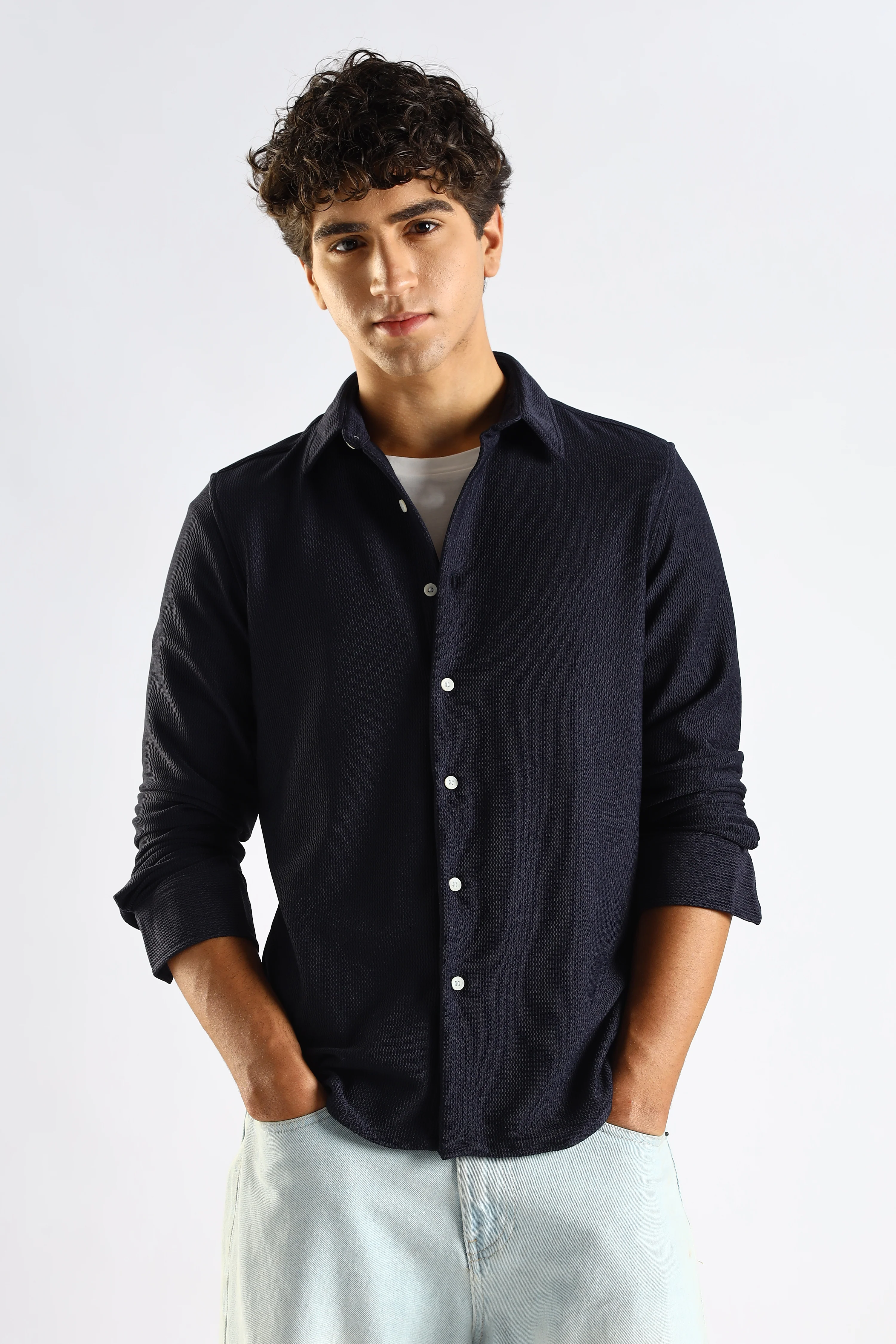 Men Navy Blue Textured Spread Collar Shirt