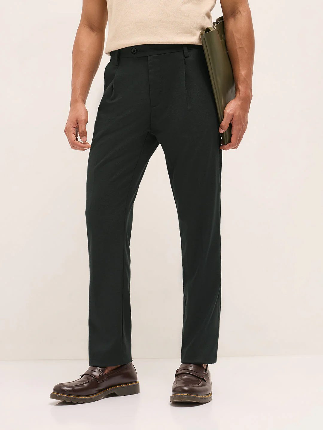 Men Navy Blue Textured Weave Regular Fit Formal Trousers