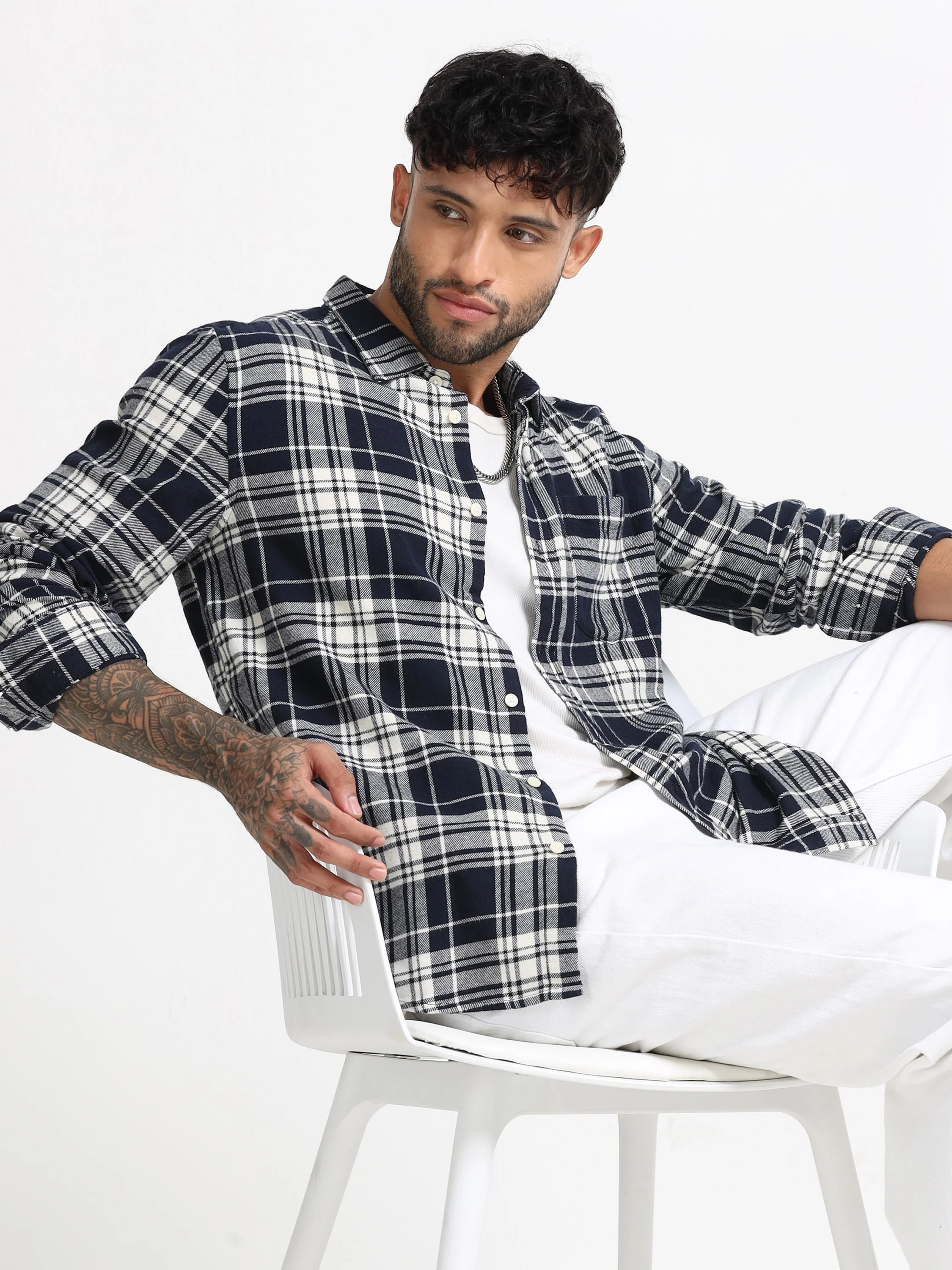 Men Navy & White Check Shirt