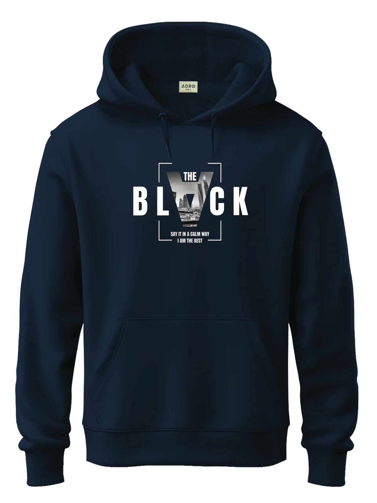 Men Navy Cotton Fleece Printed Hoodie