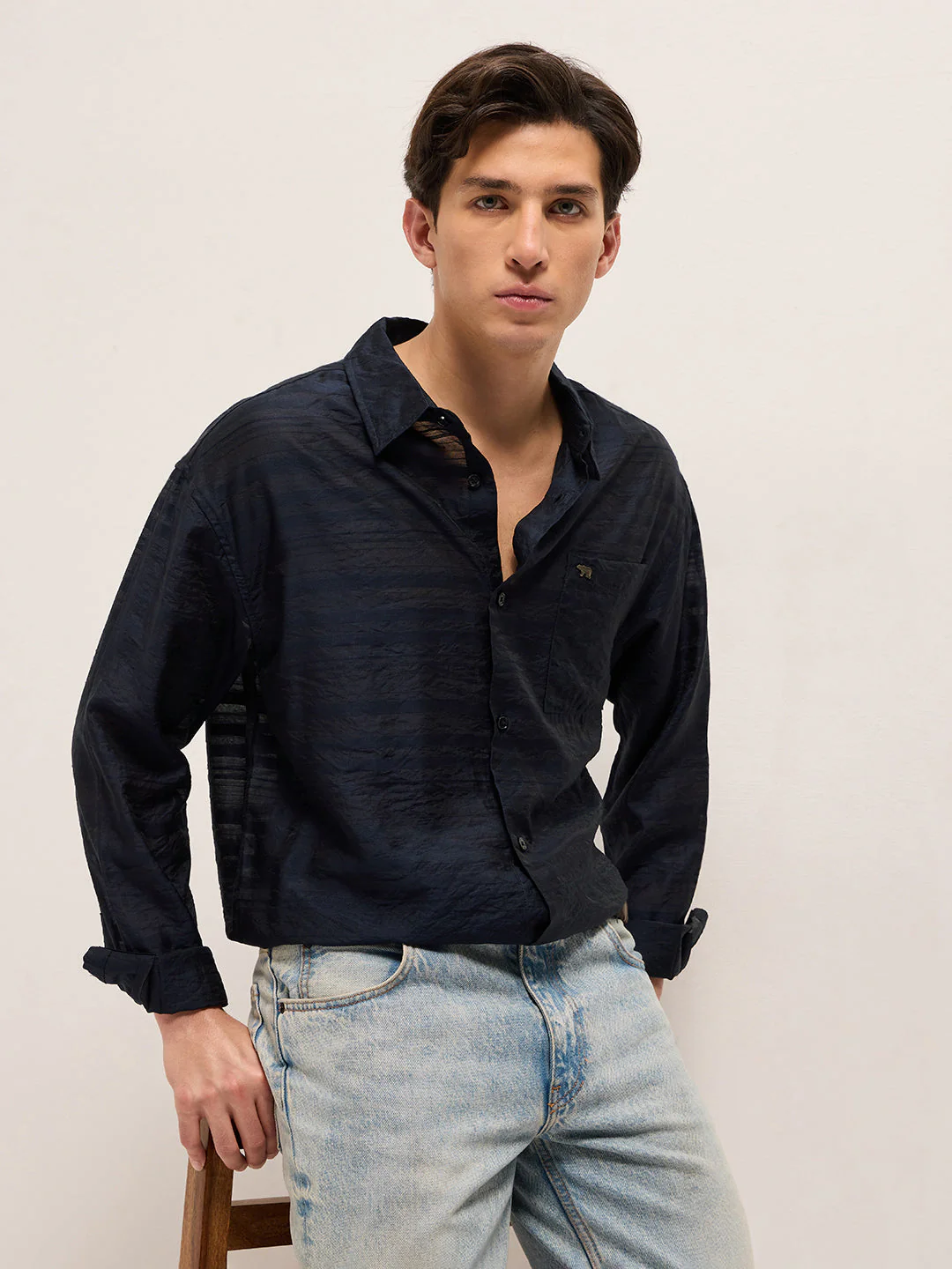 Men Navy Crinkled Horizontal Textured Stripe Relaxed Fit Casual Shirt