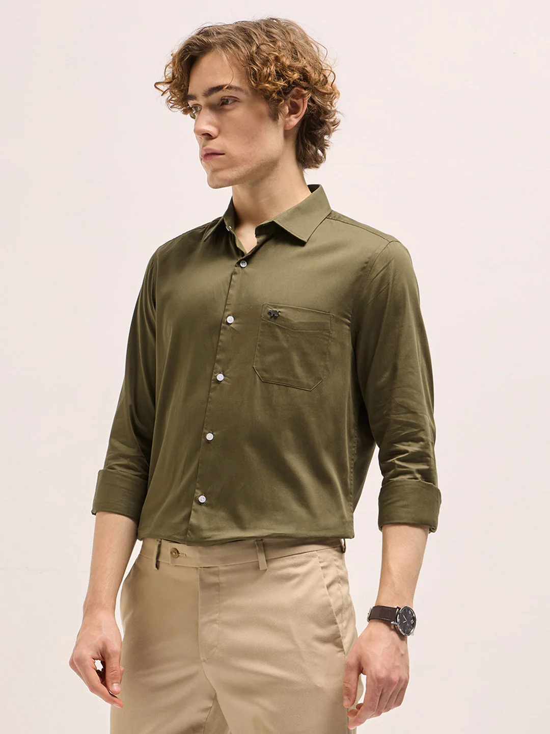 Men Olive Tailored Fit Solid Formal Shirt