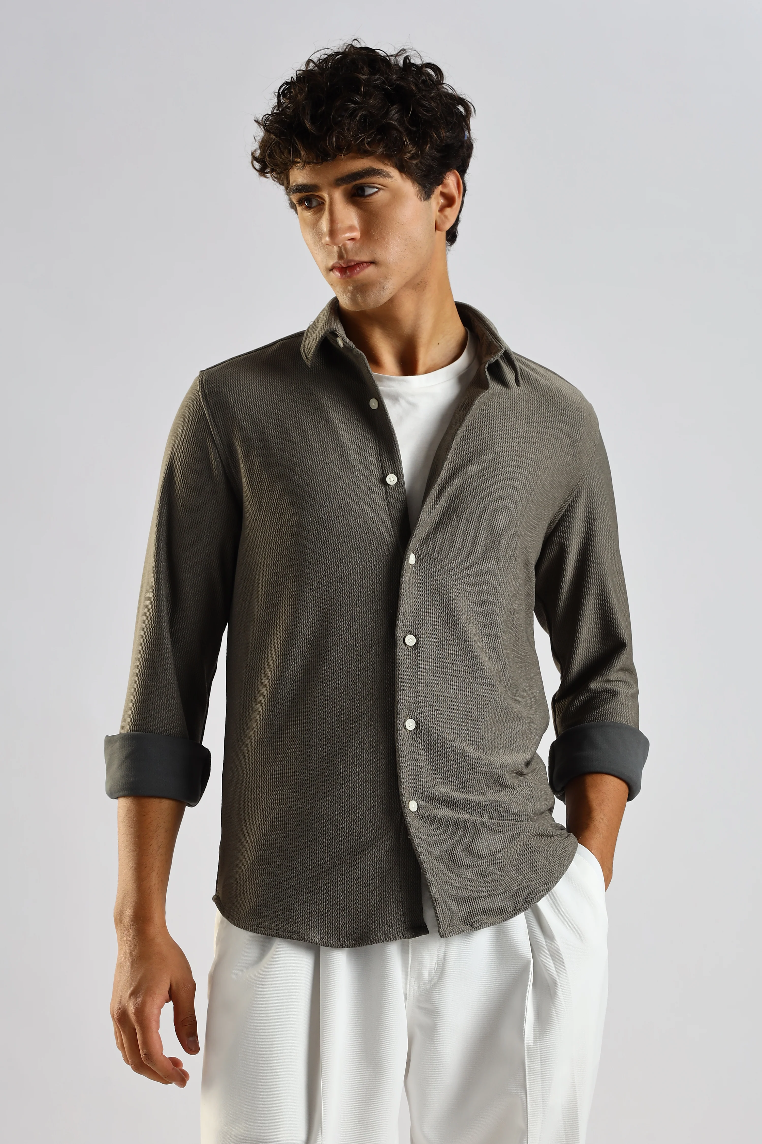 Men Olive Textured Spread Collar Shirt