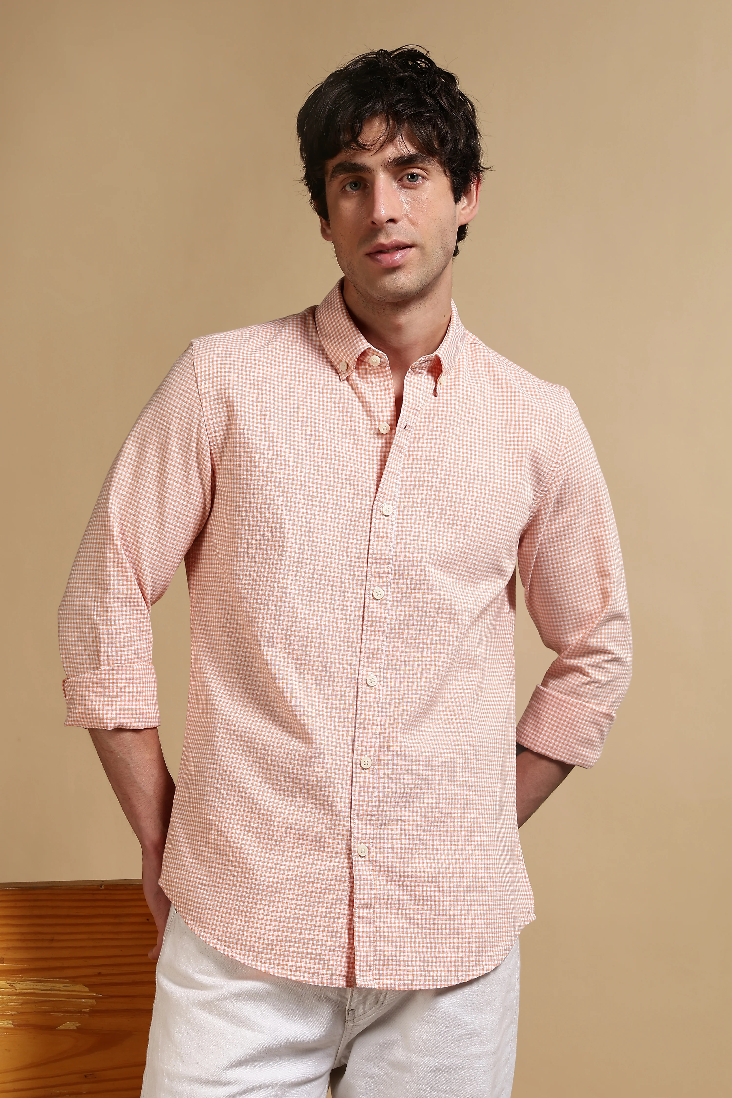 Men Orange Cotton Oxford Slim Fit Mini Checks Shirt