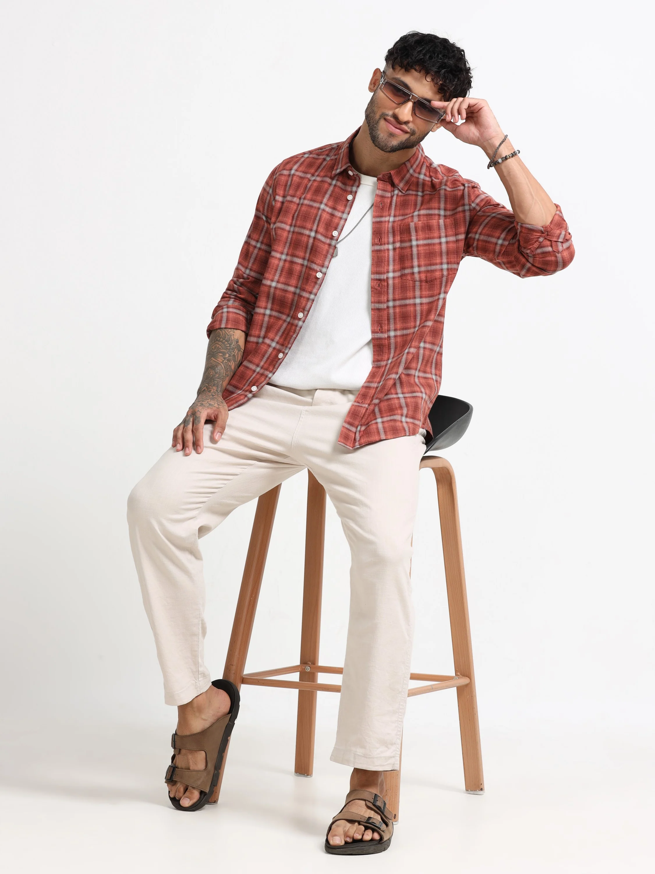 Men Orange Check Shirt - Image 2