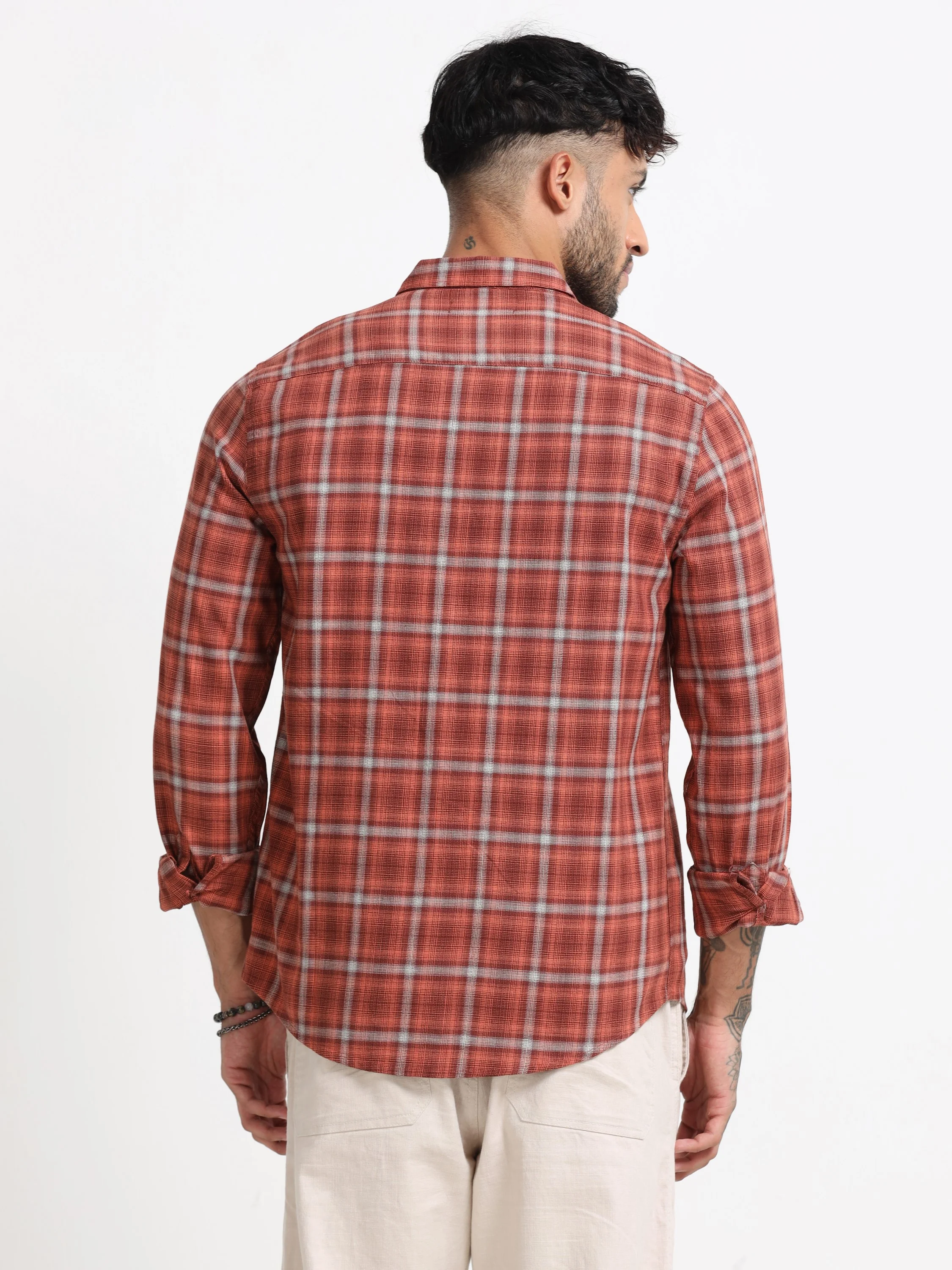 Men Orange Check Shirt - Image 3