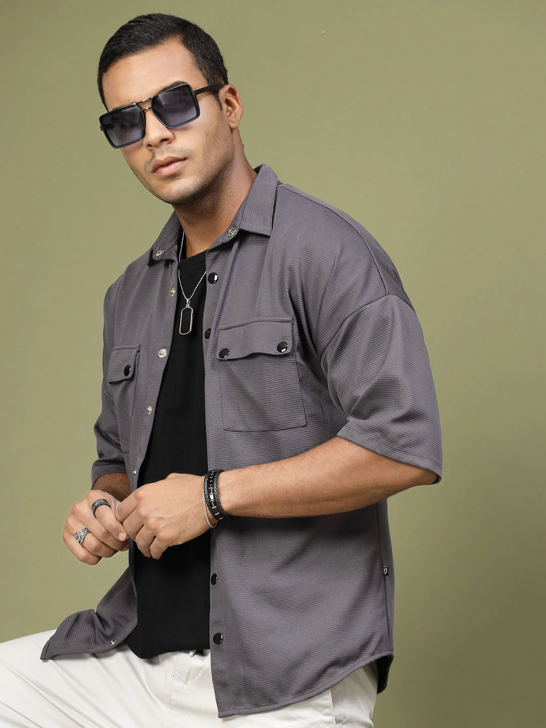 Men Oversized Utility Polyester Shirt - Image 2