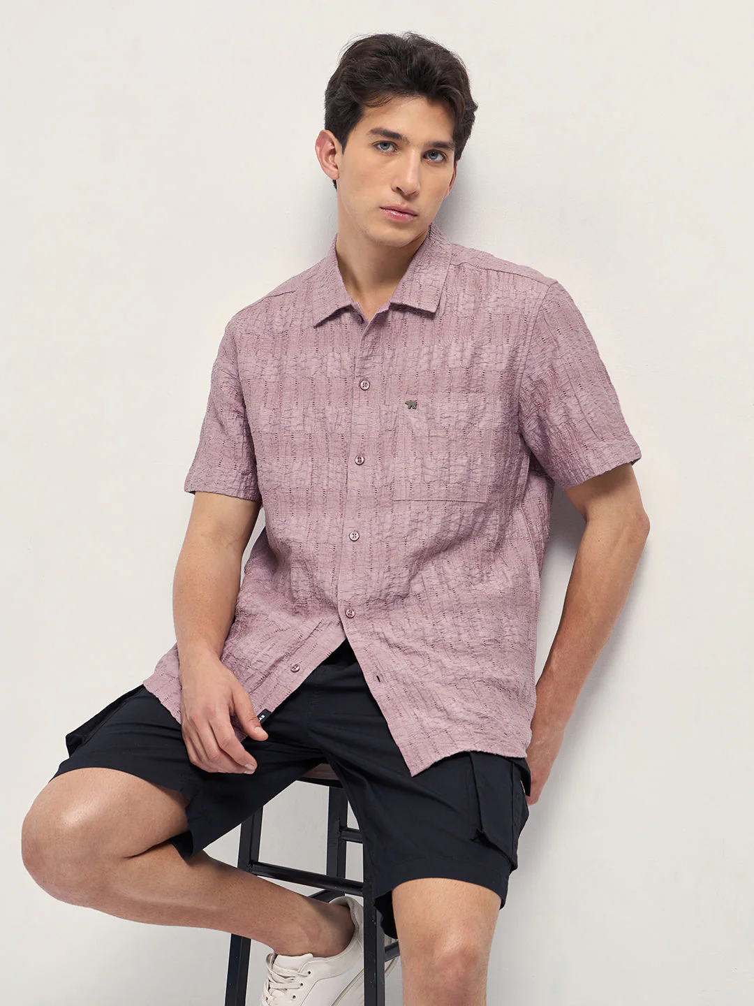 Men Pink Crinkle Textured Regular Fit Half-Sleeve Casual Shirt