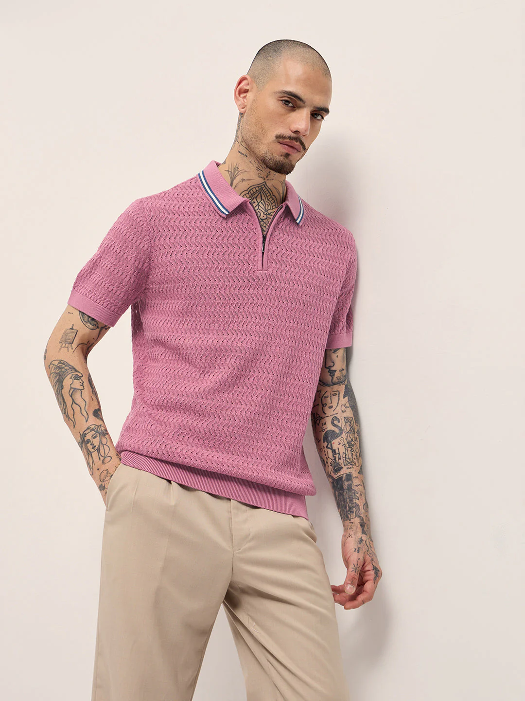 Men Pink Textured Knit Design Regular Fit Polo