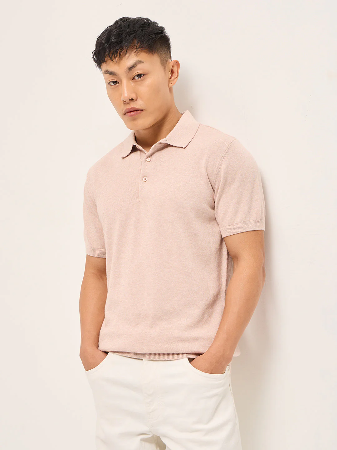 Men Pink Textured Knit Solid Regular Fit Polo