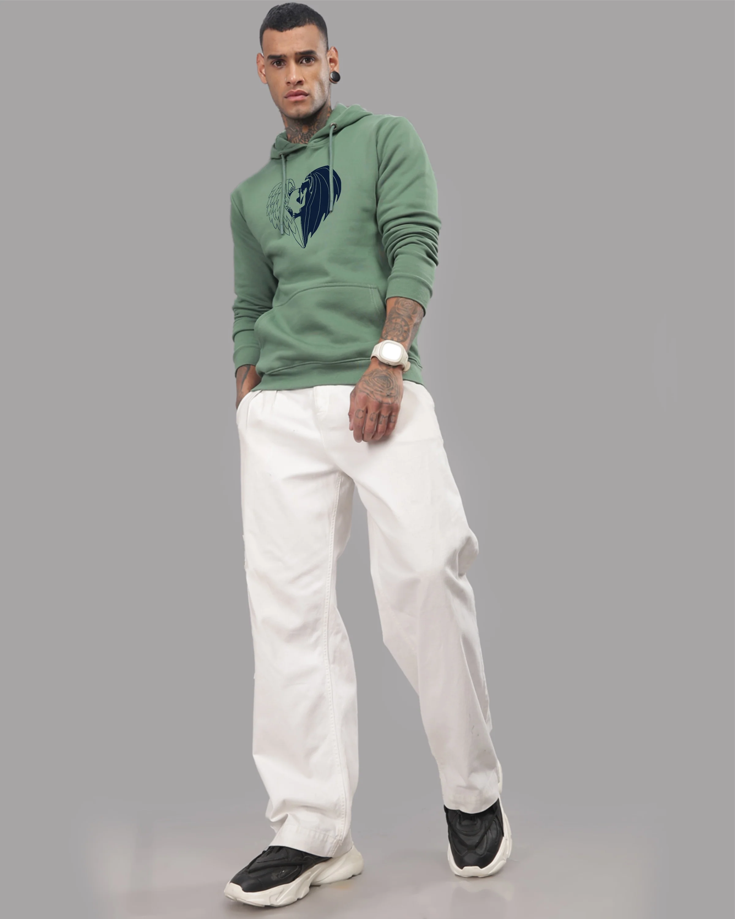 Men Green Printed Hoodie