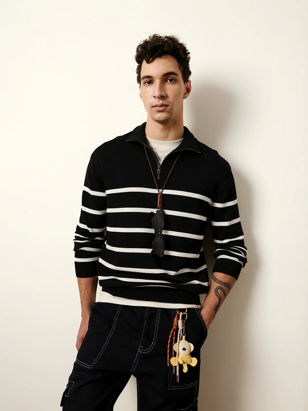 Men Pure Cotton Striped Half Zip Sweatshirt