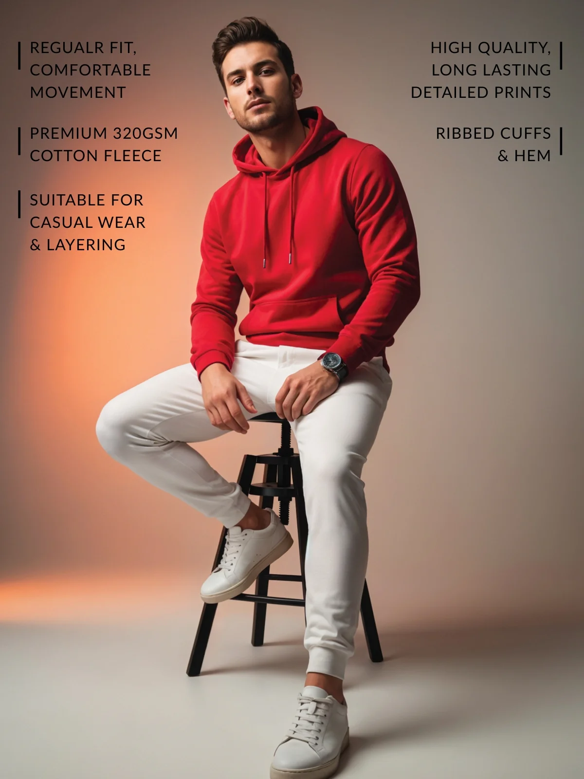 Men Red Cotton Fleece Hoodie - Image 3