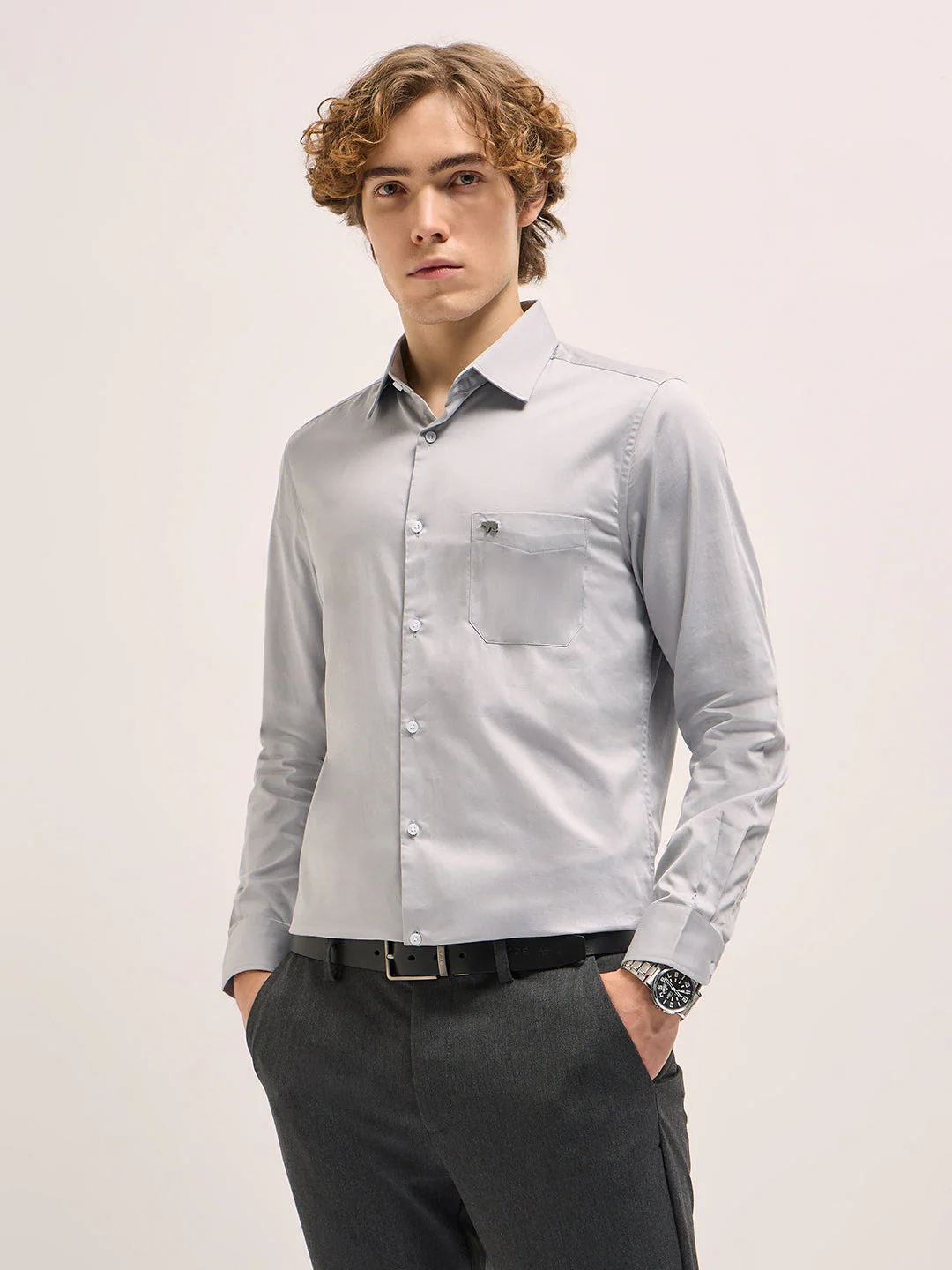 Men Shirt Grey Tailored Fit Solid Formal Shirt