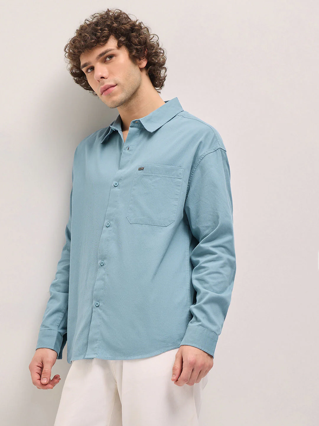 Men Shirt Light Teal Blue Solid Relax Fit Overshirt