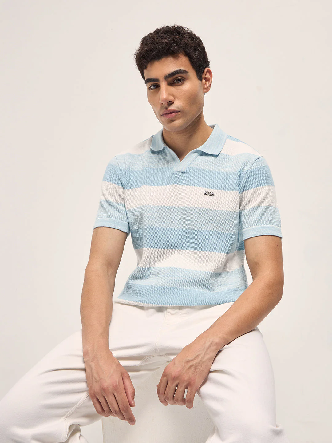 Men Sky Blue & White Horizontal Ribbed Stripes Slim Fit Polo