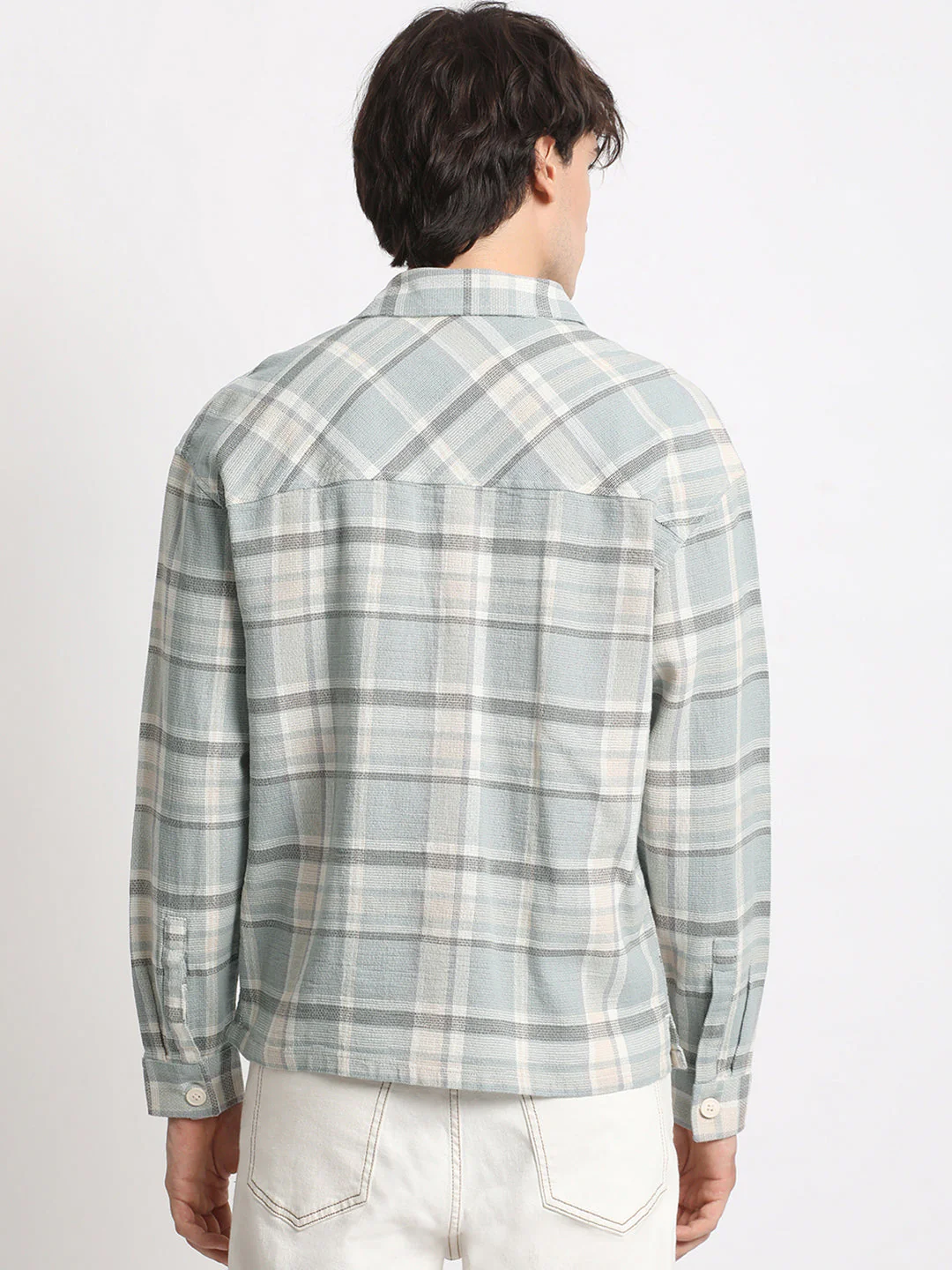 Men  Teal Green Checked Relaxed Fit Casual Shacket - Image 4
