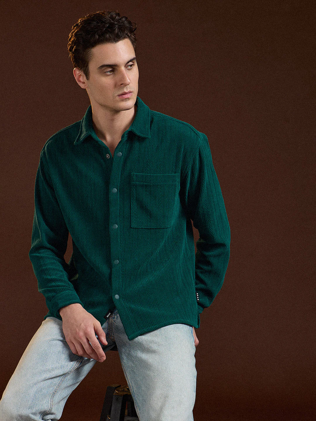 Men Teal Texture Pattern Relaxed Fit Overshirt