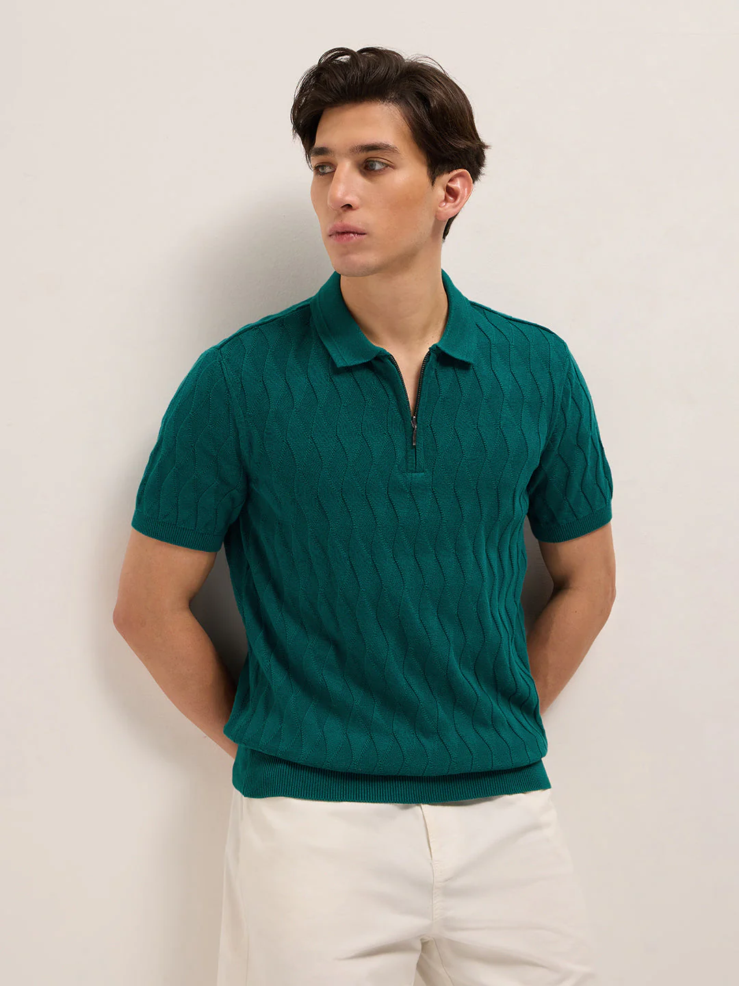 Men Teal Textured Knit Design Regular Fit Polo