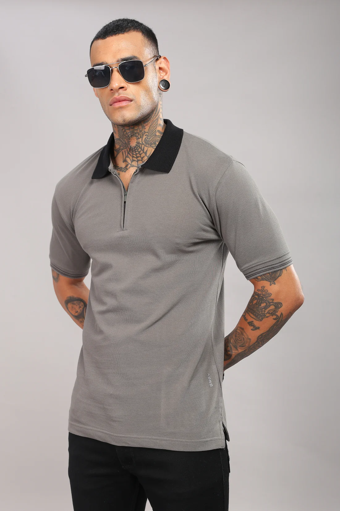 Men Web Grey Regular Fit Polo T-Shirt