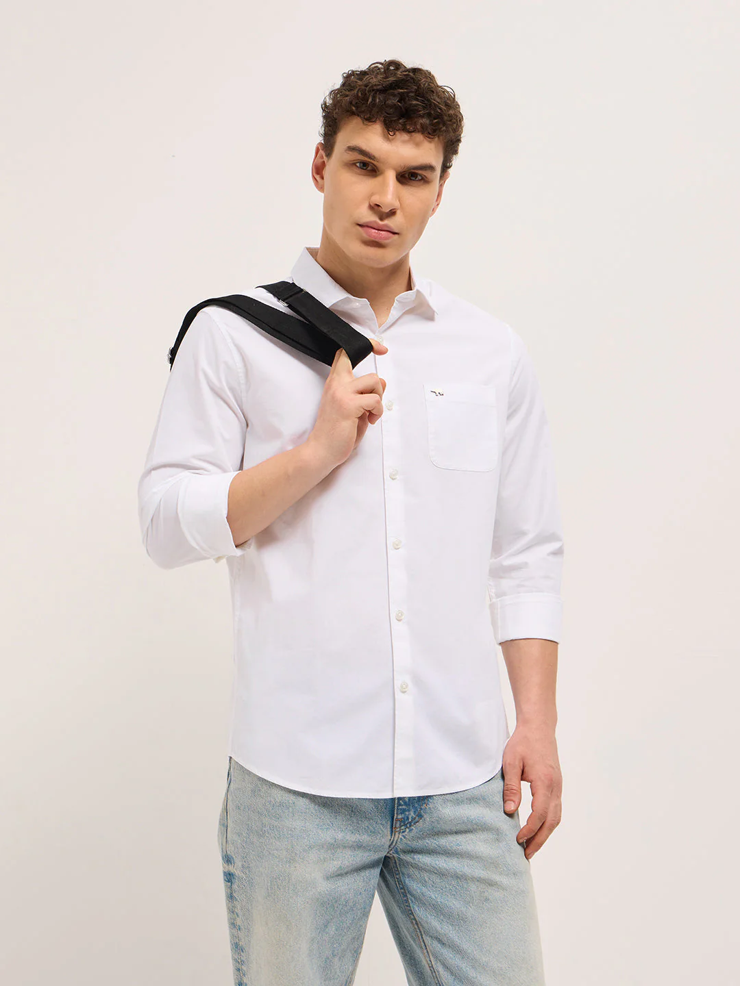 Men White Cotton Solid Slim Fit Casual Shirt