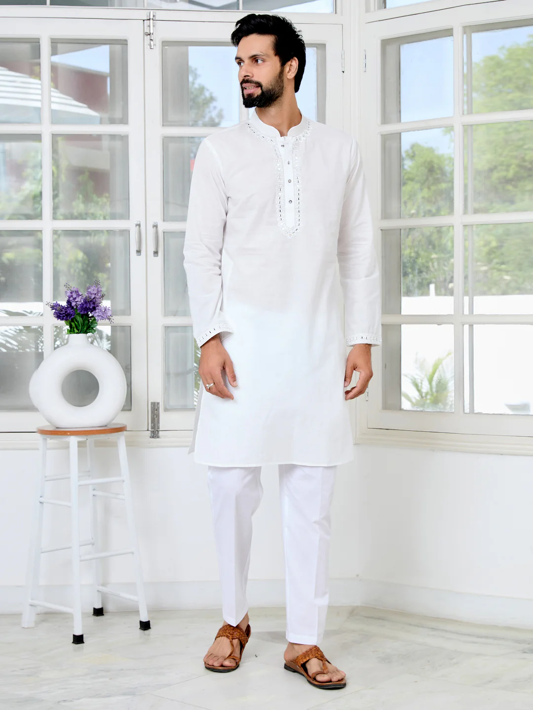 Men White Mirror Worked Cotton Kurta