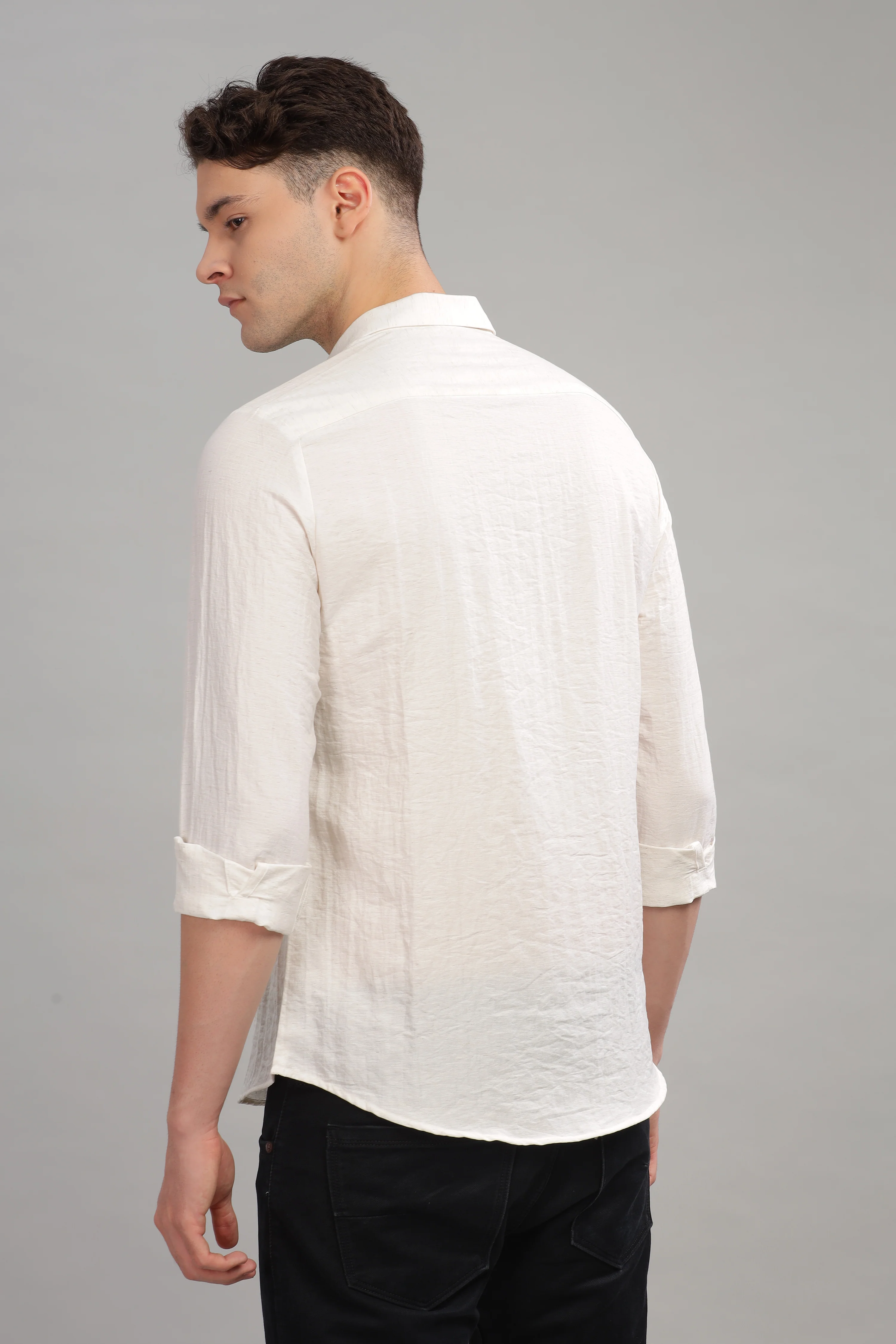 Men White Slim Fit Stand Collar Full Sleeve Casual Shirt - Image 2