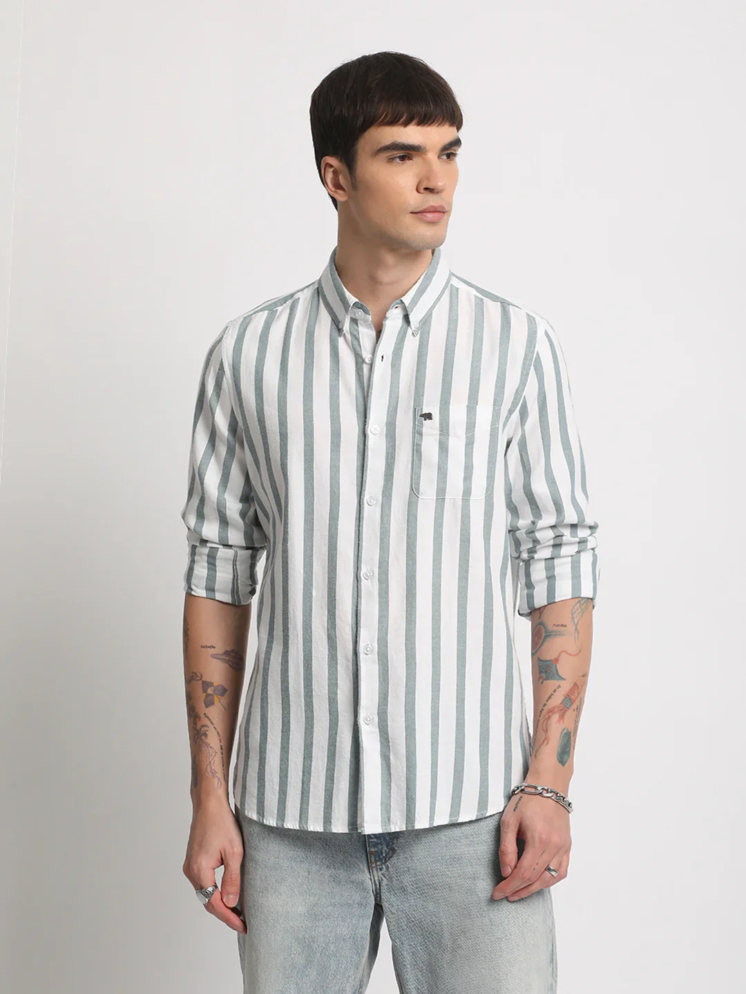 Men White Striped Slim Fit Casual Shirt