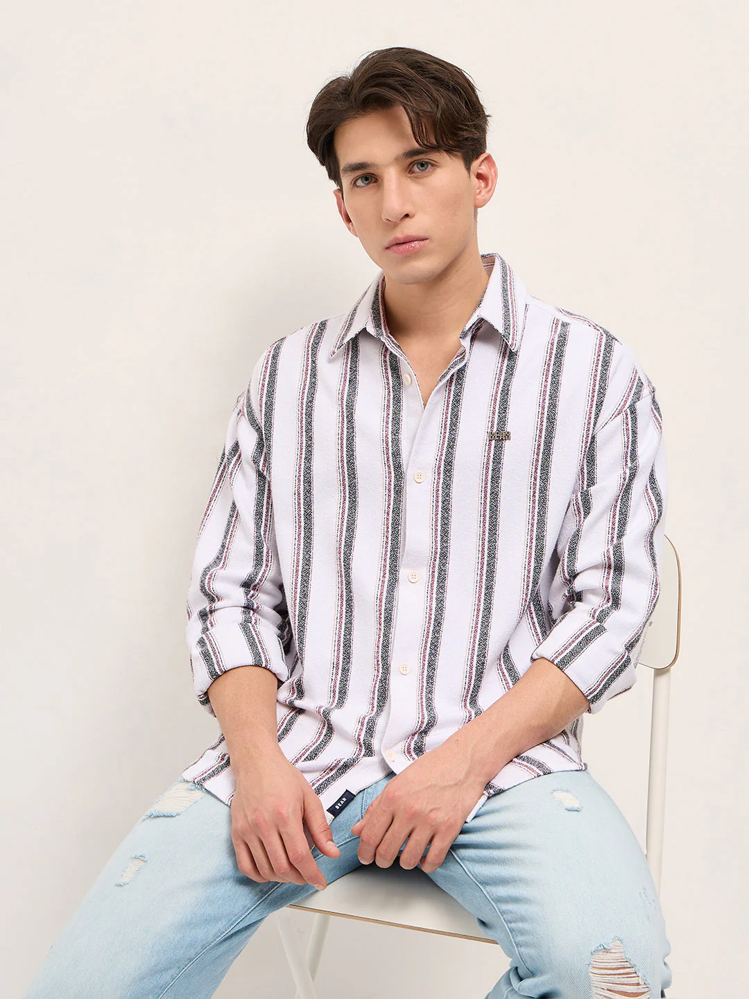 Men White Woven Vertical Stripe Design Relax Fit Overshirt