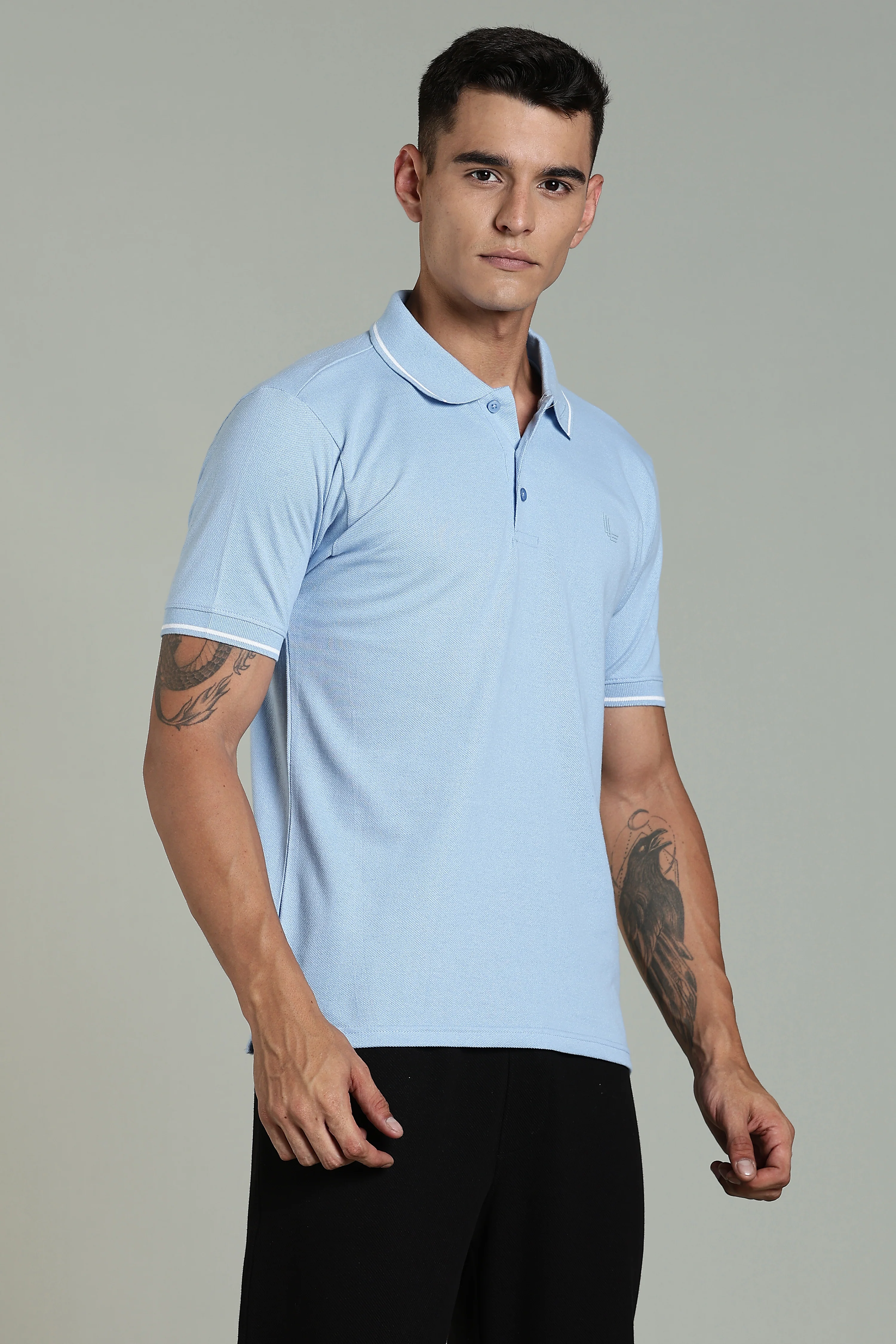 Men Solid Sky Blue Cotton Blend Tshirt - Image 8