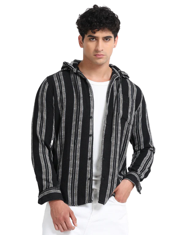 Men Striped Long Sleeve Hooded Casual Shirt