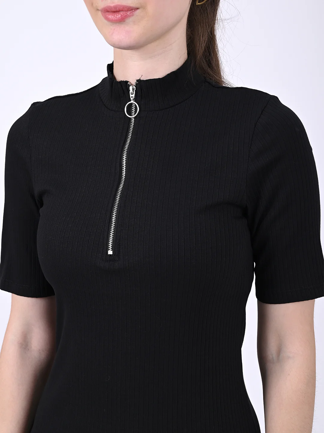 Women Black High Neck Ribbed Dress - Image 5
