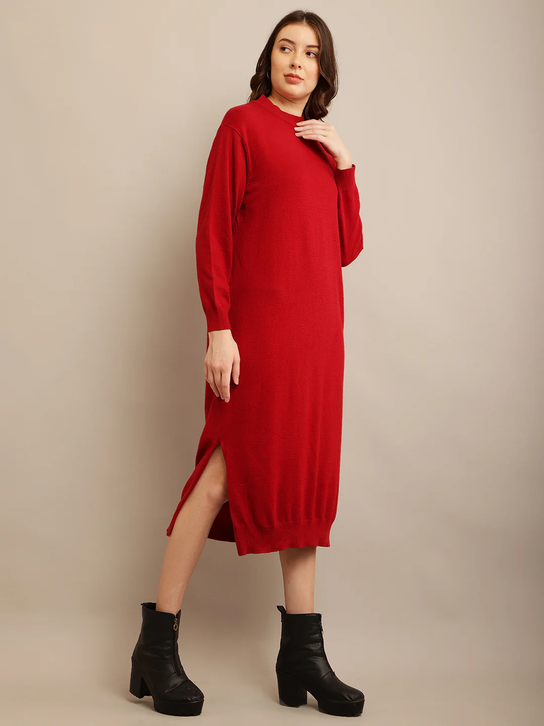 Women Red High Neck Dress - Image 3